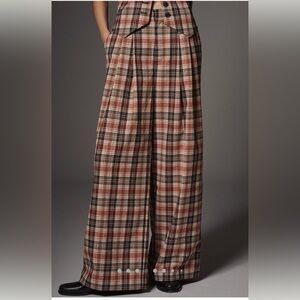 Maeve Wide-Leg Plaid Trousers in Brown & Cream